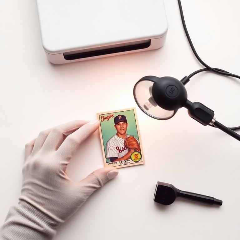 Card scanner and magnifying tools on a clean workspace